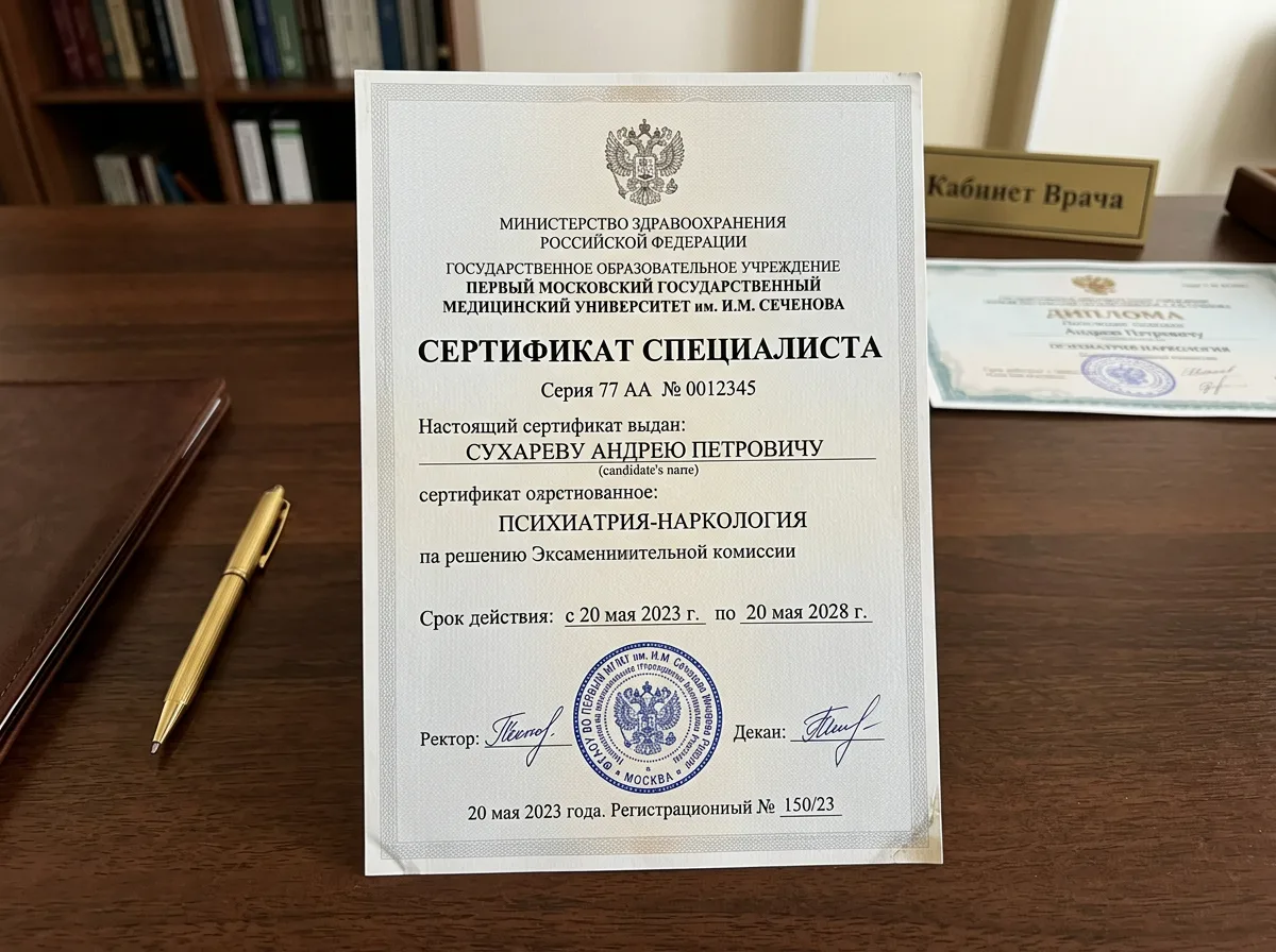Сертификат специалиста нарколога, документ о повышении квалификации по специальности психиатрия-наркология, белый лист с официальными печатями
